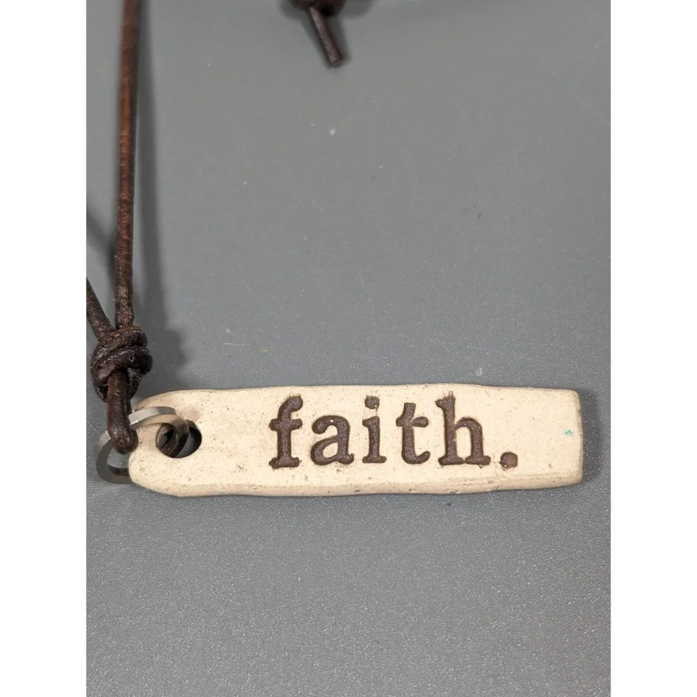 MudLove Inspirational Faith Ceramic‎ Bar Pendant Brown Adjustable Cord Necklace
